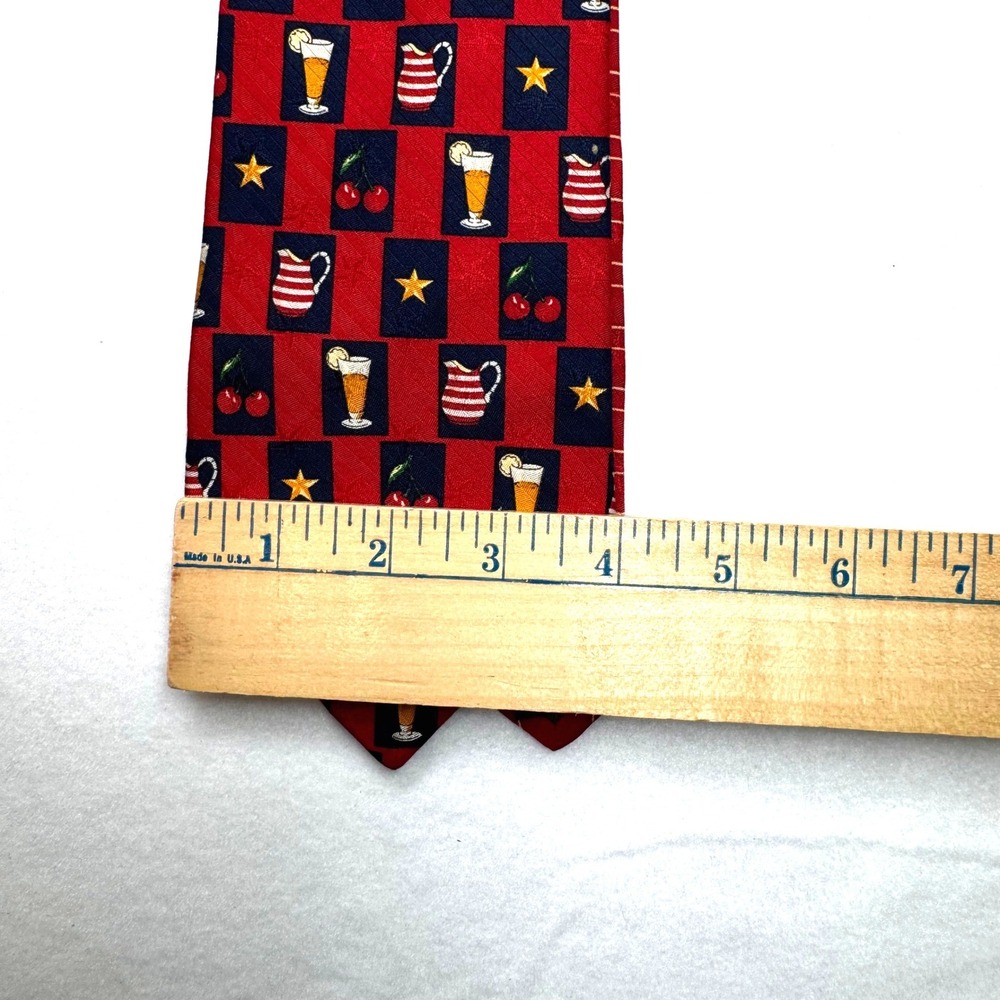 Tommy Hilfiger Silk Tie Red Blue Americana Picnic Beverage Cherry Stars USA Made - Picture 4 of 4
